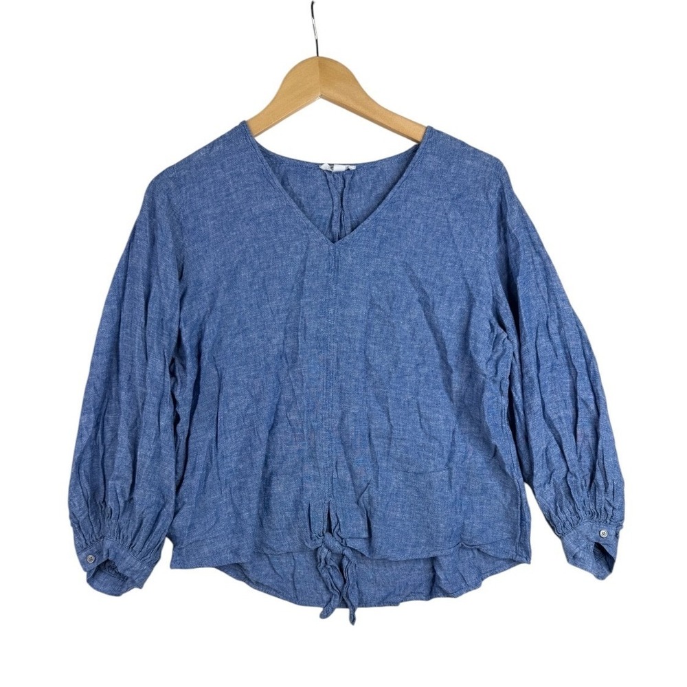 Westbound Womens Chambray Tie Front V Neck Blouse Size Large Blue